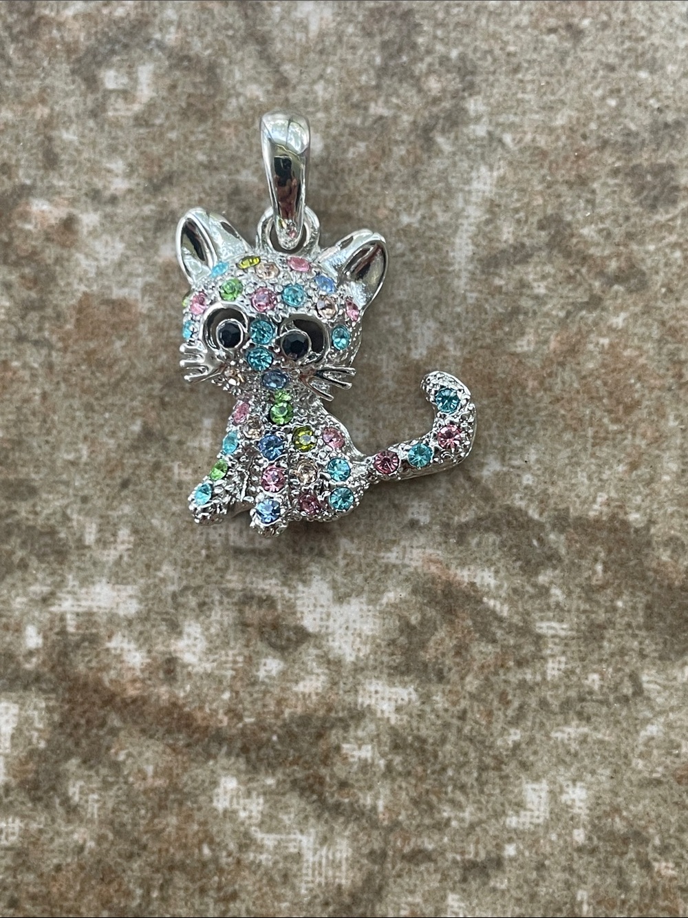Silver Cat Pendant Necklace Charm with pink green blue crystals